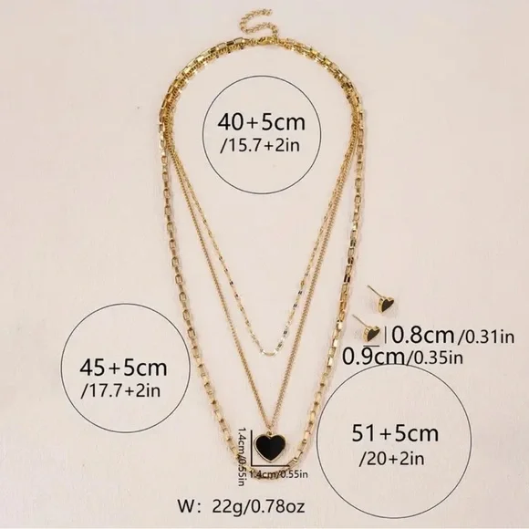 COPY - Gold and Black Layered Heart Necklace and Earrings